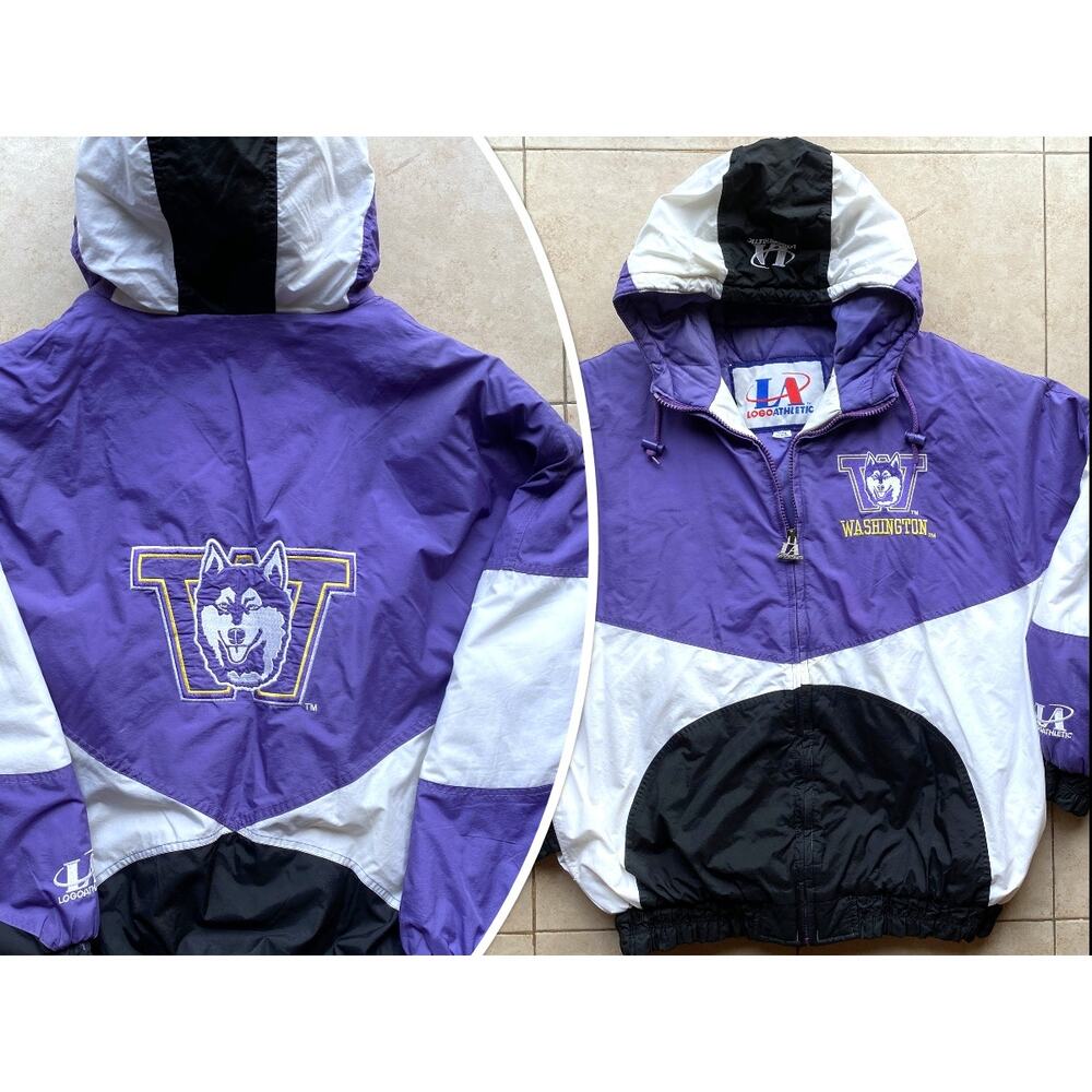 UW Huskies 90s LOGO ATHLETIC puffer jacket XL purple black Washington NCAA vtg